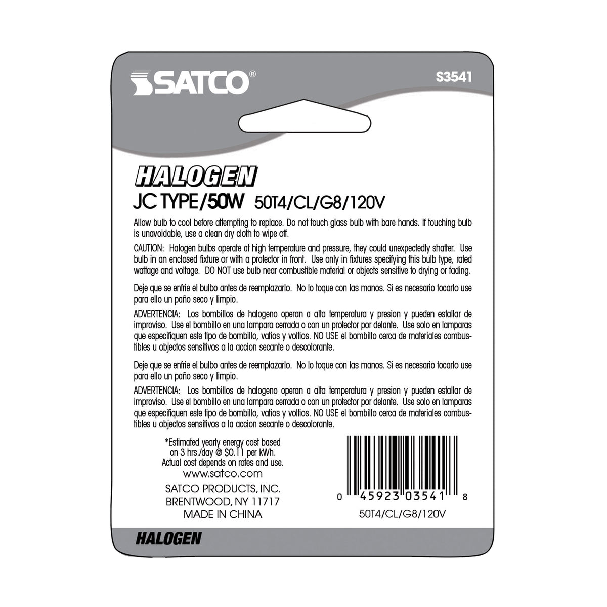 50 Watt - Halogen - T4 - Clear - 2000 Average rated hours - 750 Lumens - Bi Pin G8 base - 120 Volt - Carded