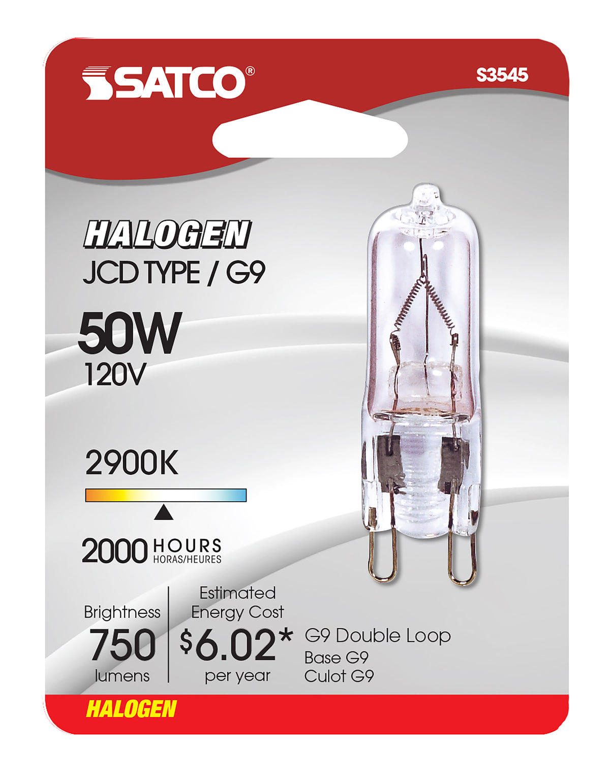 50 Watt - Halogen - T4 - Clear - 2000 Average rated hours - 750 Lumens - Double Loop base - 120 Volt - Carded