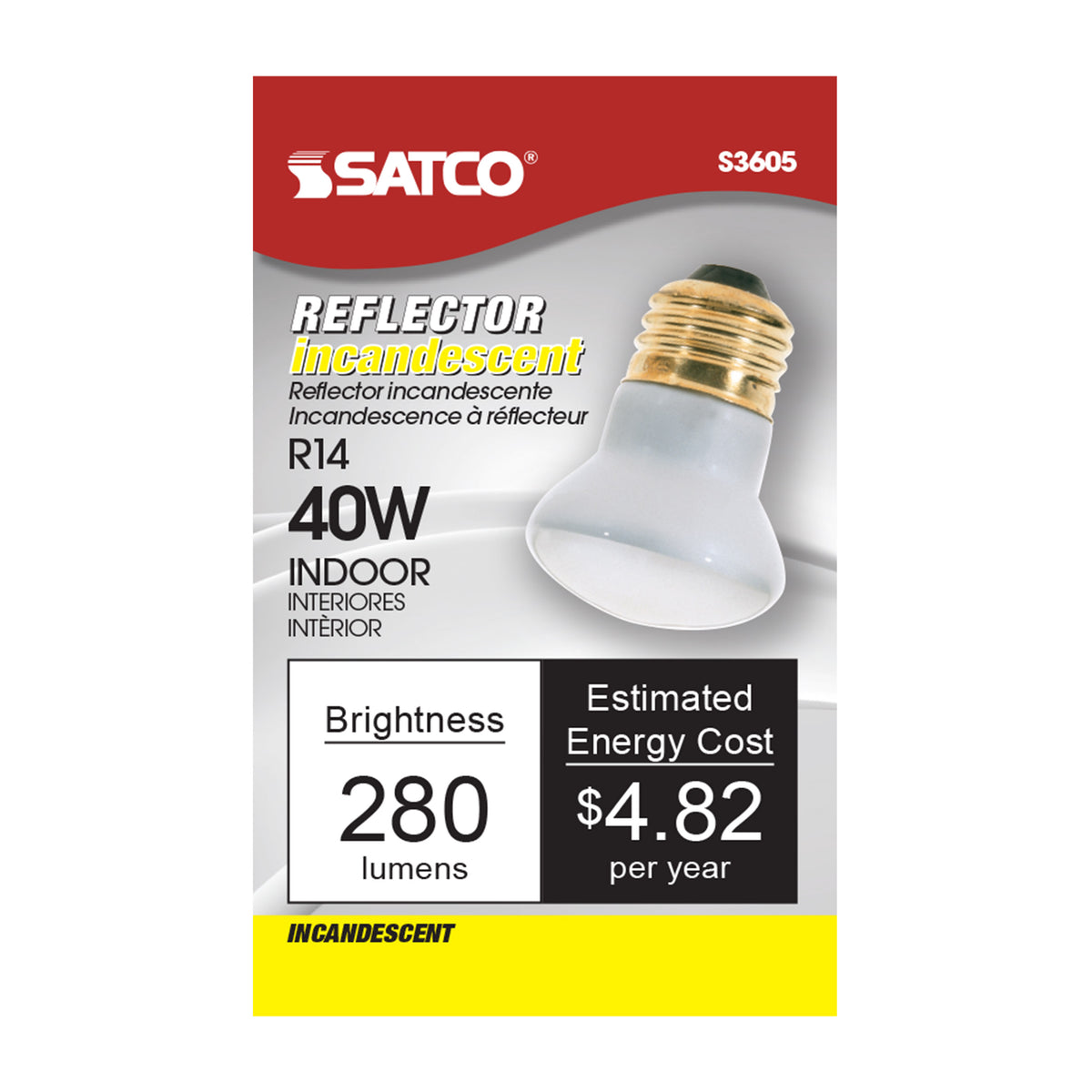 40 Watt R14 Incandescent - Clear - 1500 Average rated hours - 280 Lumens - Medium base - 120 Volt