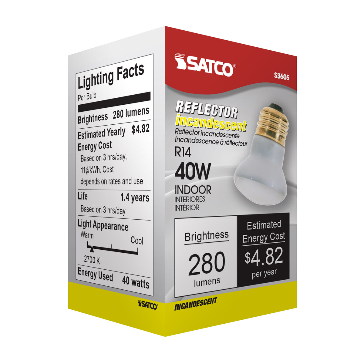40 Watt R14 Incandescent - Clear - 1500 Average rated hours - 280 Lumens - Medium base - 120 Volt