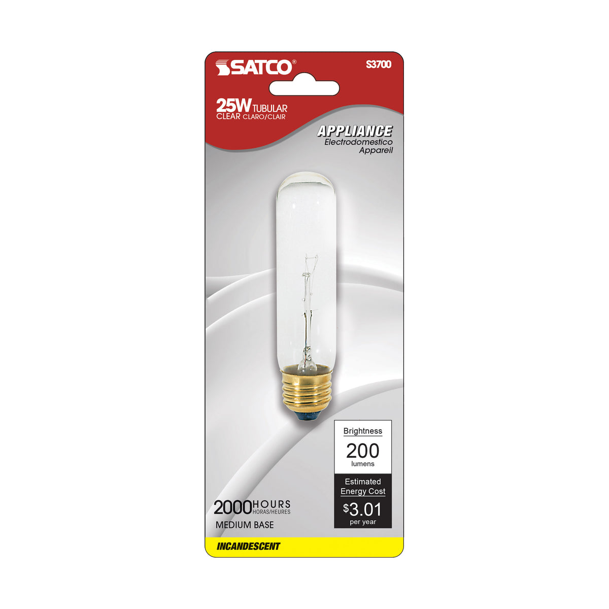 25 Watt T10 Incandescent - Clear - 2000 Average rated hours - 200 Lumens - Medium base - 120 Volt - Carded
