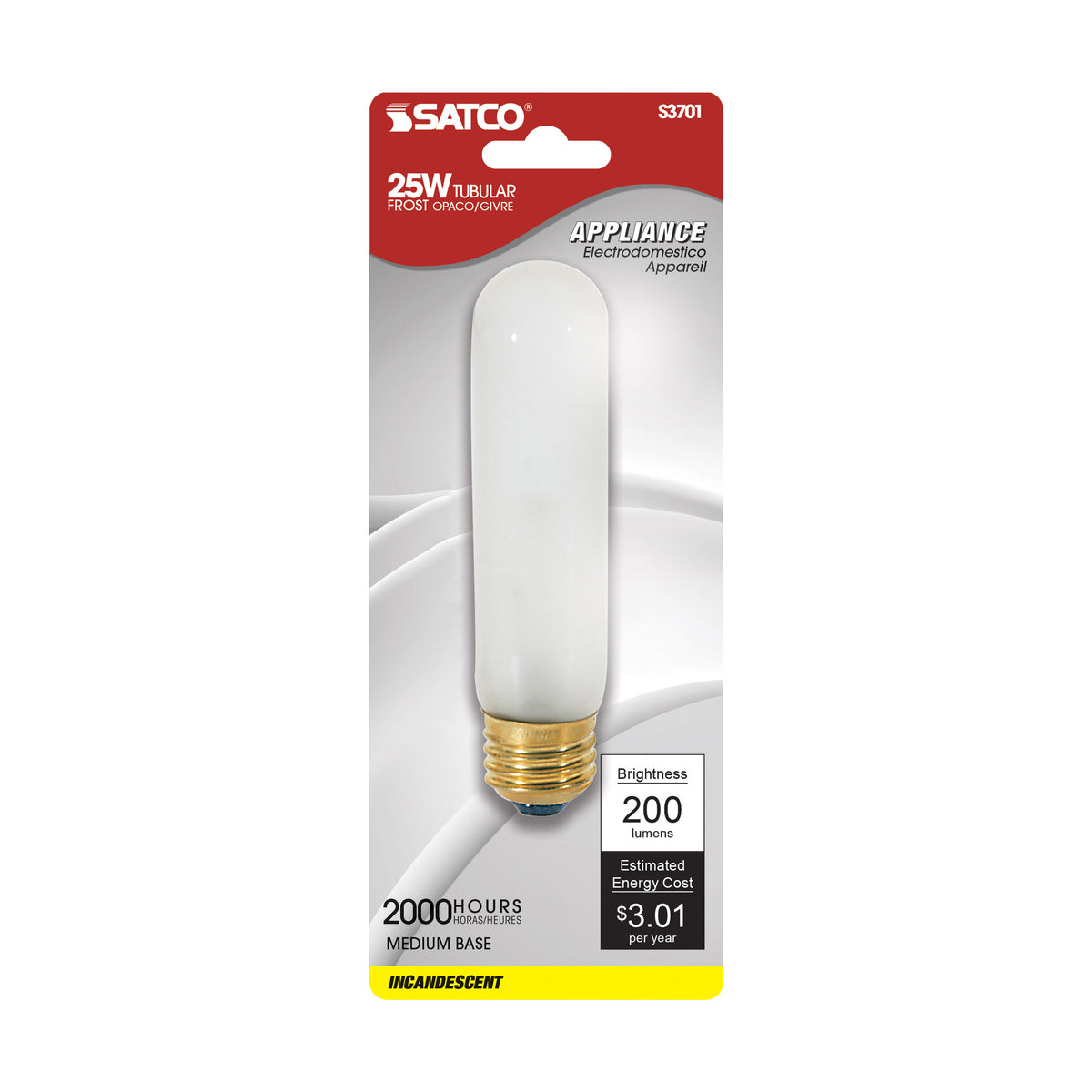 25 Watt T10 Incandescent - Frost - 2000 Average rated hours - 200 Lumens - Medium base - 120 Volt - Carded