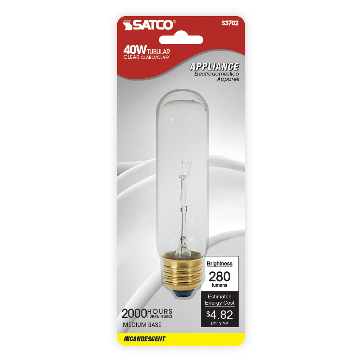 40 Watt T10 Incandescent - Clear - 2000 Average rated hours - 280 Lumens - Medium base - 120 Volt - Carded