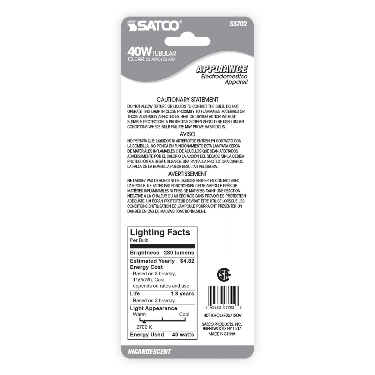 40 Watt T10 Incandescent - Clear - 2000 Average rated hours - 280 Lumens - Medium base - 120 Volt - Carded