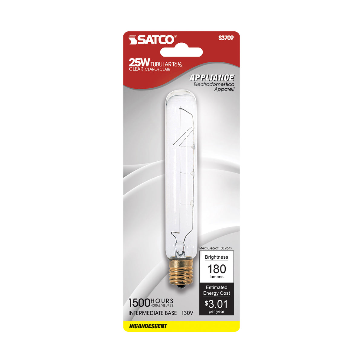 25 Watt T6 1/2 Incandescent - Clear - 1500 Average rated hours - 180 Lumens - Intermediate base - 130 Volt - Carded