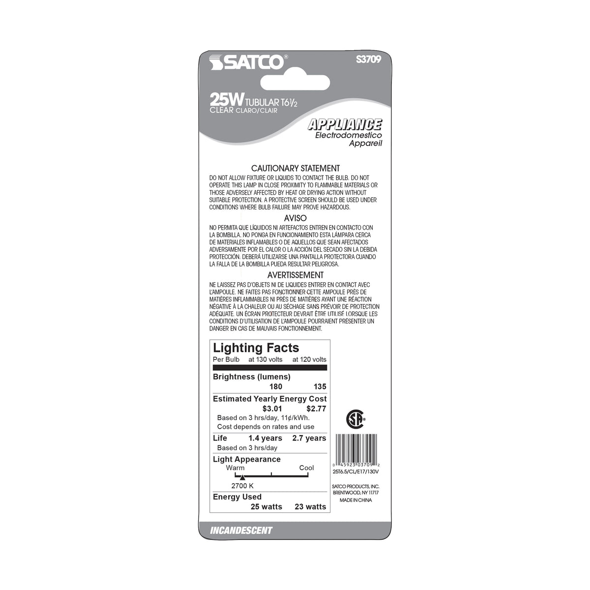 25 Watt T6 1/2 Incandescent - Clear - 1500 Average rated hours - 180 Lumens - Intermediate base - 130 Volt - Carded
