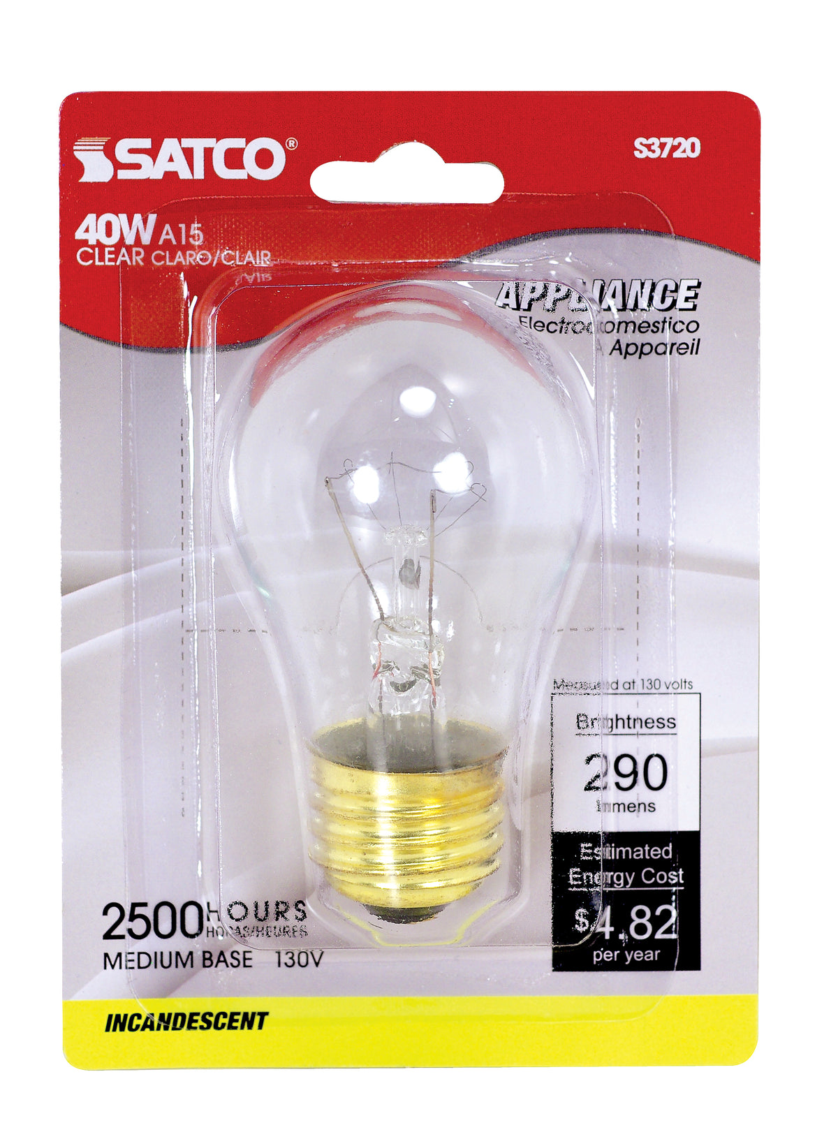 40 Watt A15 Incandescent - Clear - Appliance Lamp - 2500 Average rated hours - 300/225 Lumens - Medium base - 130/120 Volt - Carded