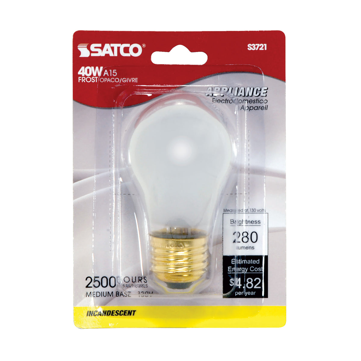 40 Watt A15 Incandescent - Frost - Appliance Lamp - 2500 Average rated hours - 290/217 Lumens - Medium base - 130 Volt - Carded