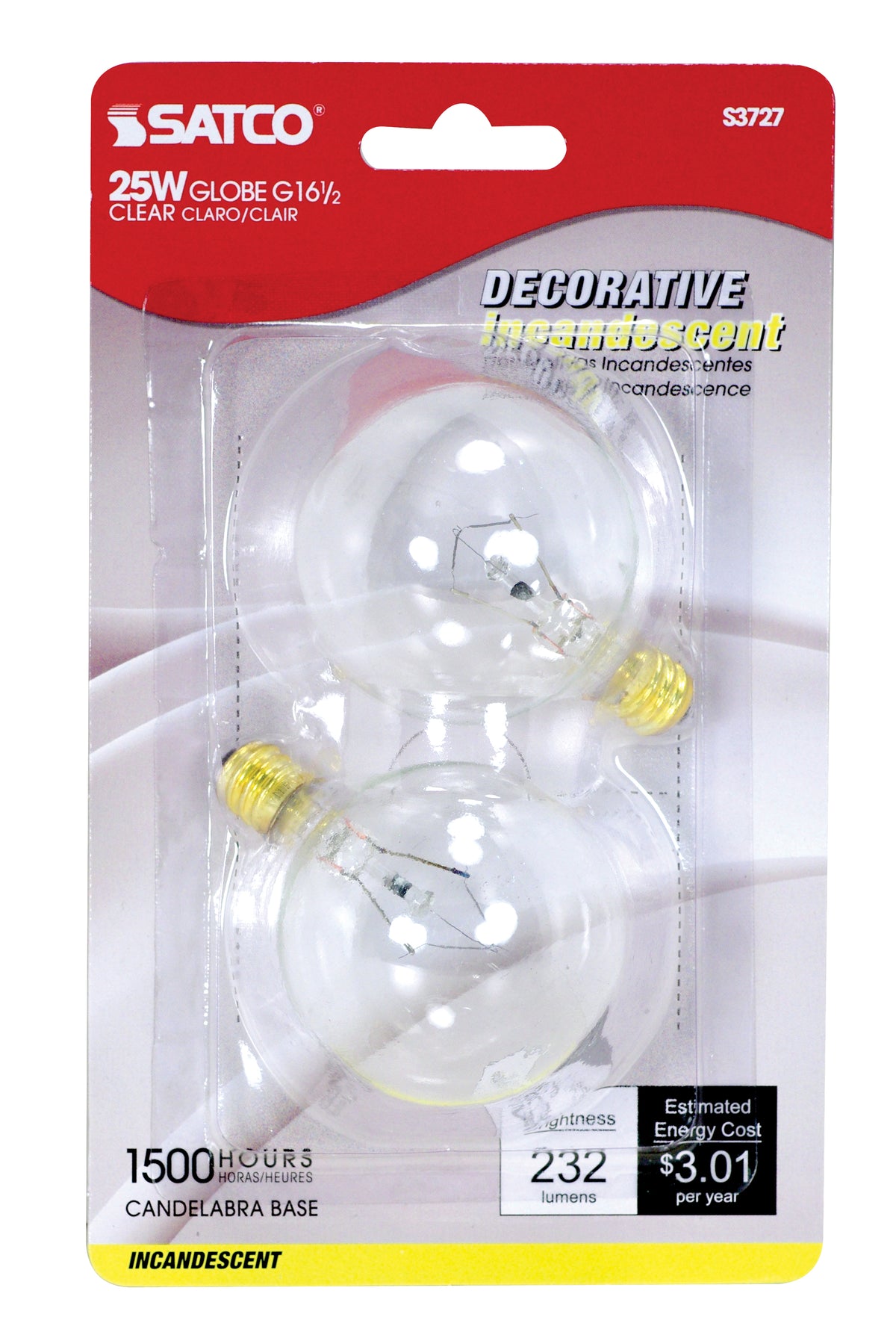 25 Watt G16 1/2 Incandescent - Clear - 1500 Average rated hours - 232 Lumens - Candelabra base - 120 Volt - 2-Card