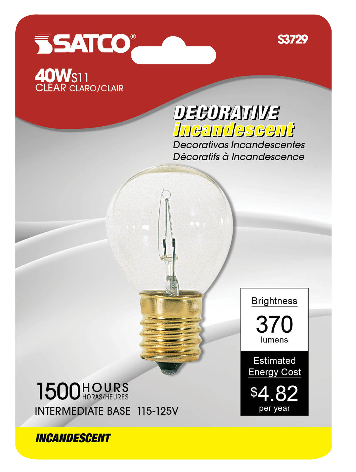 40 Watt S11N Incandescent - Clear - 1500 Average rated hours - 370 Lumens - Intermediate base - 120 Volt - Carded