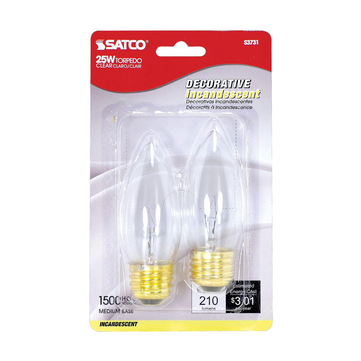 25 Watt B11 Incandescent - Clear - 1500 Average rated hours - 210 Lumens - Medium base - 120 Volt - 2-Card