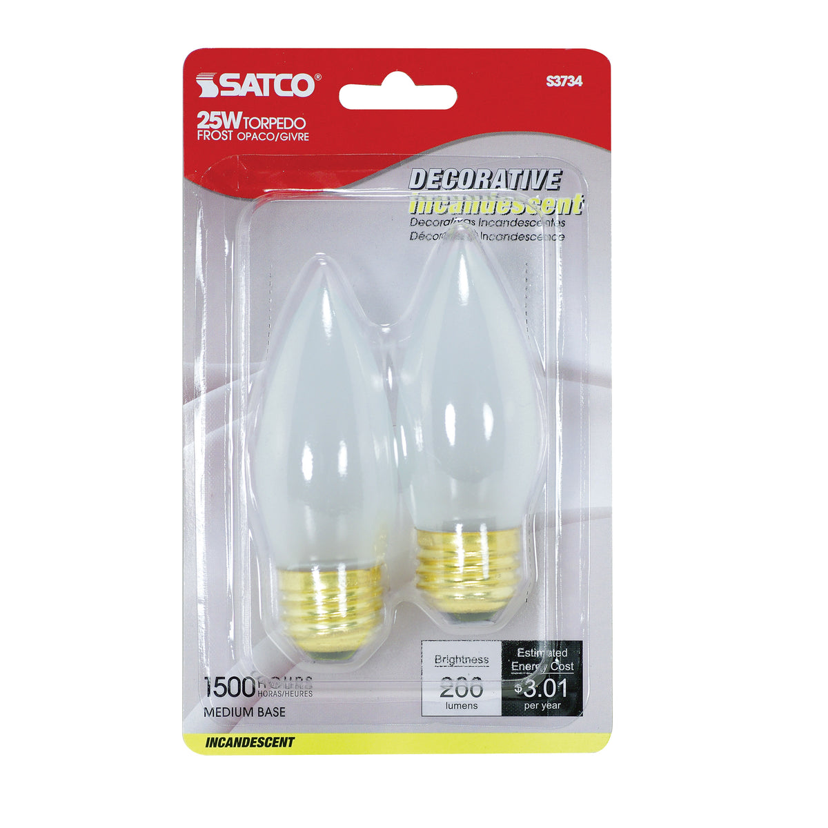 25 Watt B11 Incandescent - Frost - 1500 Average rated hours - 200 Lumens - Medium base - 120 Volt - 2-Card