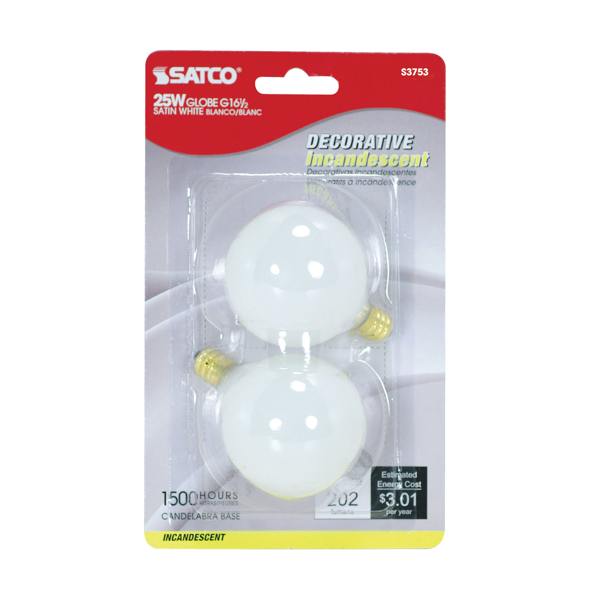 25 Watt G16 1/2 Incandescent - Satin White - 1500 Average rated hours - 202 Lumens - Candelabra base - 120 Volt - 2-Card