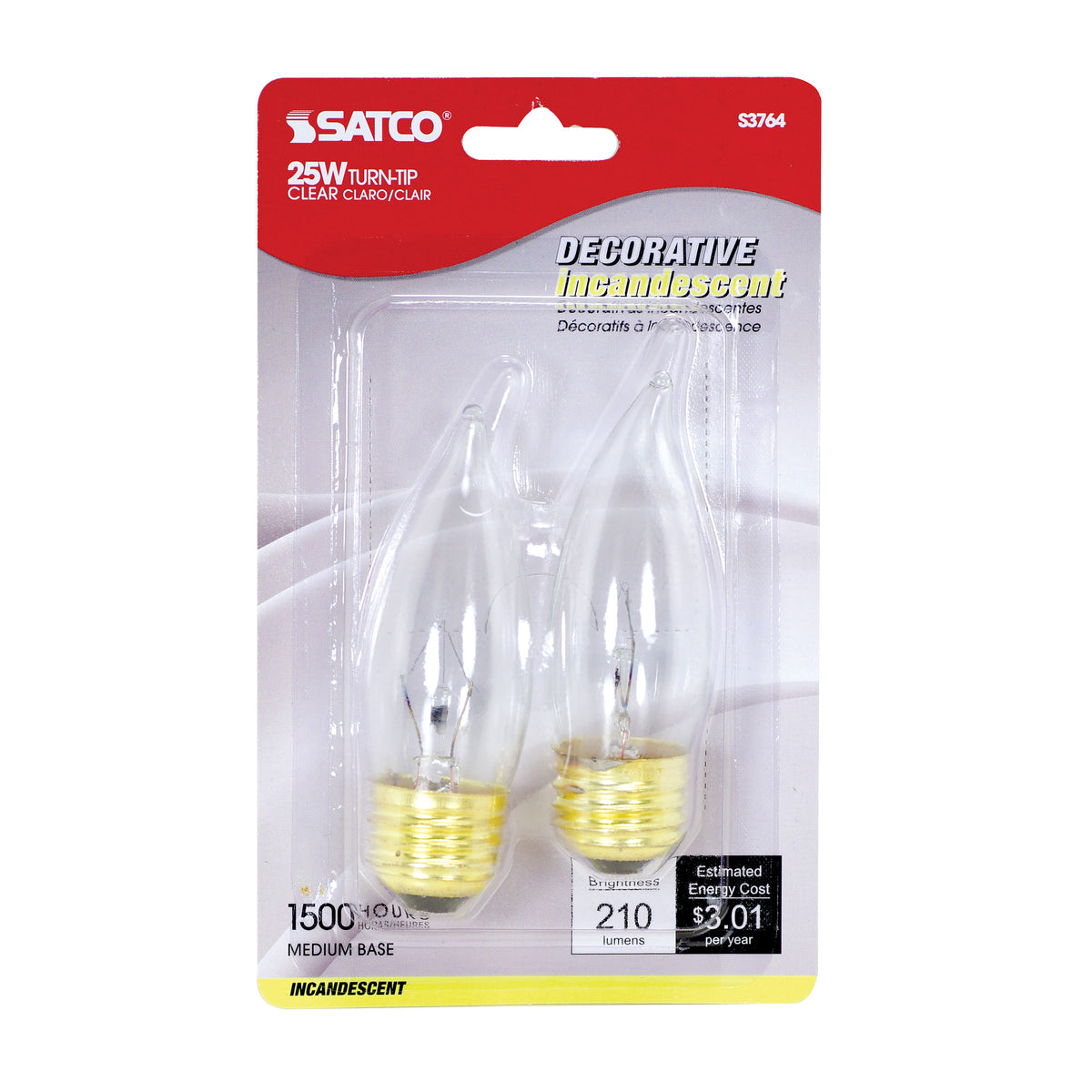 25 Watt CA10 Incandescent - Clear - 1500 Average rated hours - 210 Lumens - Medium base - 120 Volt - 2-Card