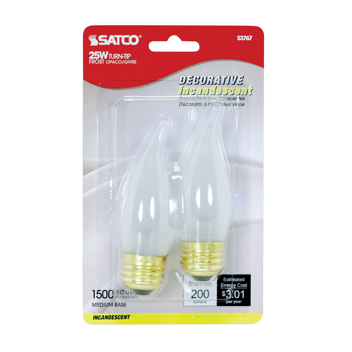 25 Watt CA10 Incandescent - Frost - 1500 Average rated hours - 200 Lumens - Medium base - 120 Volt - 2-Card