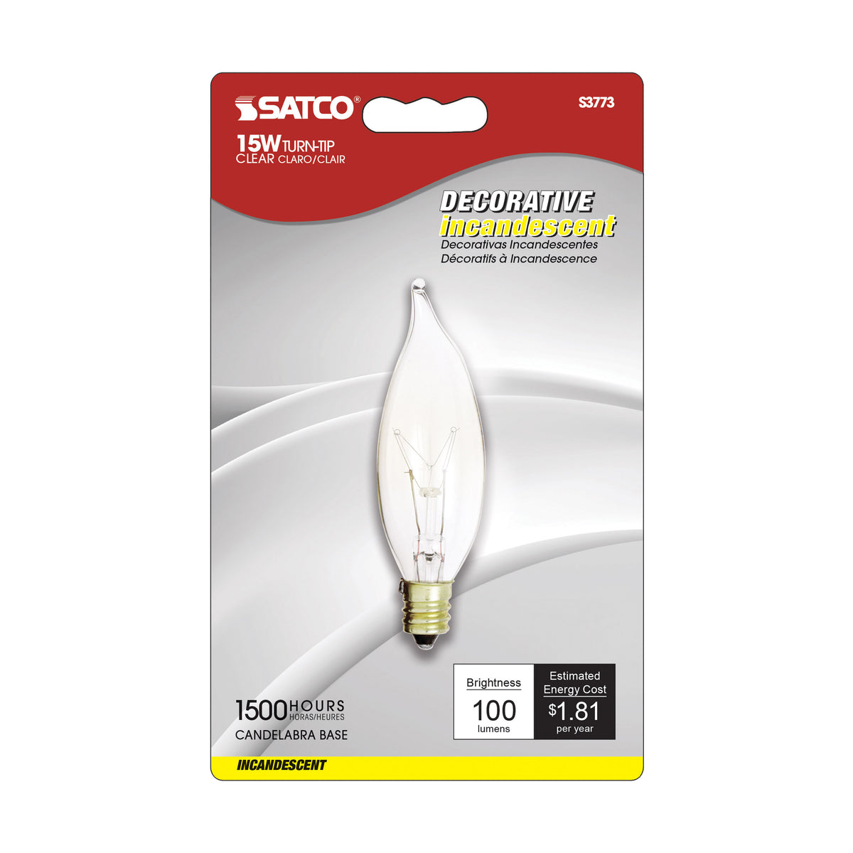 15 Watt CA8 Incandescent - Clear - 1500 Average rated hours - 100 Lumens - Candelabra base - 120 Volt - 2-Card