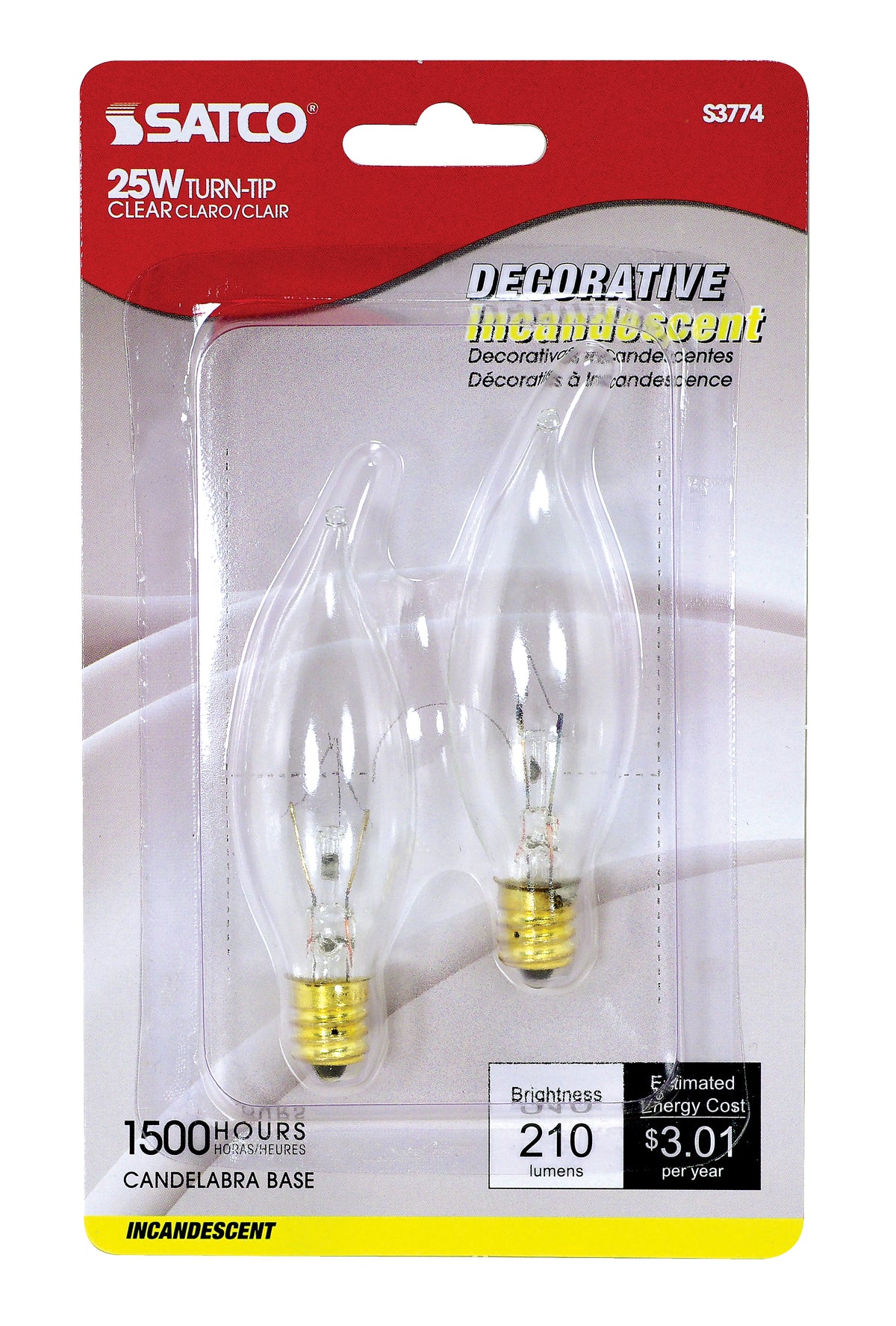 25 Watt CA8 Incandescent - Clear - 1500 Average rated hours - 210 Lumens - Candelabra base - 120 Volt - 2-Card