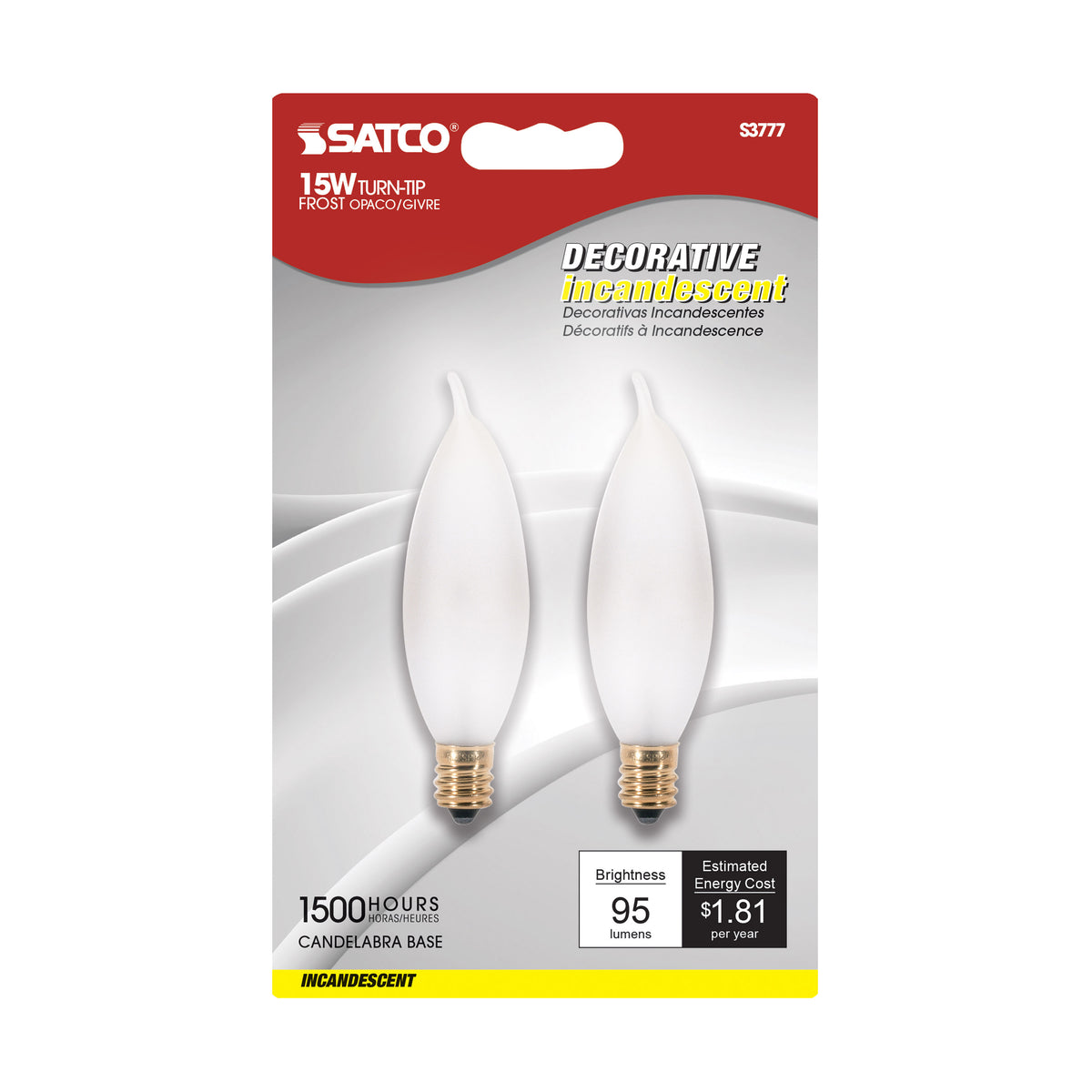 15 Watt CA8 Incandescent - Frost - 1500 Average rated hours - 95 Lumens - Candelabra base - 120 Volt - 2-Card
