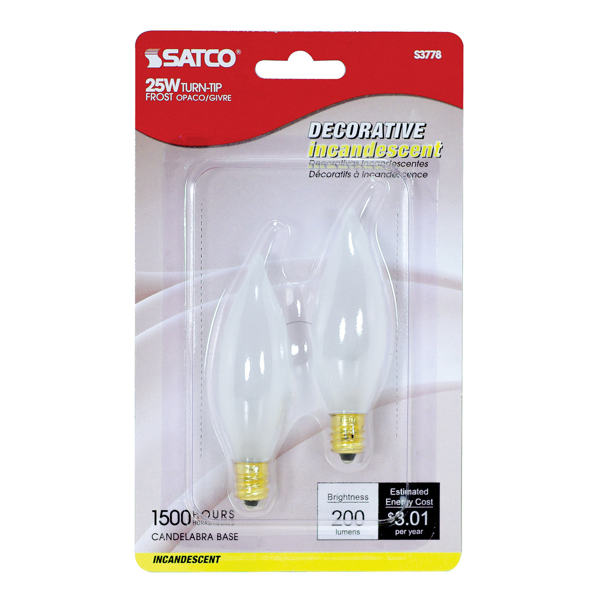 25 Watt CA8 Incandescent - Frost - 1500 Average rated hours - 200 Lumens - Candelabra base - 120 Volt - 2-Card