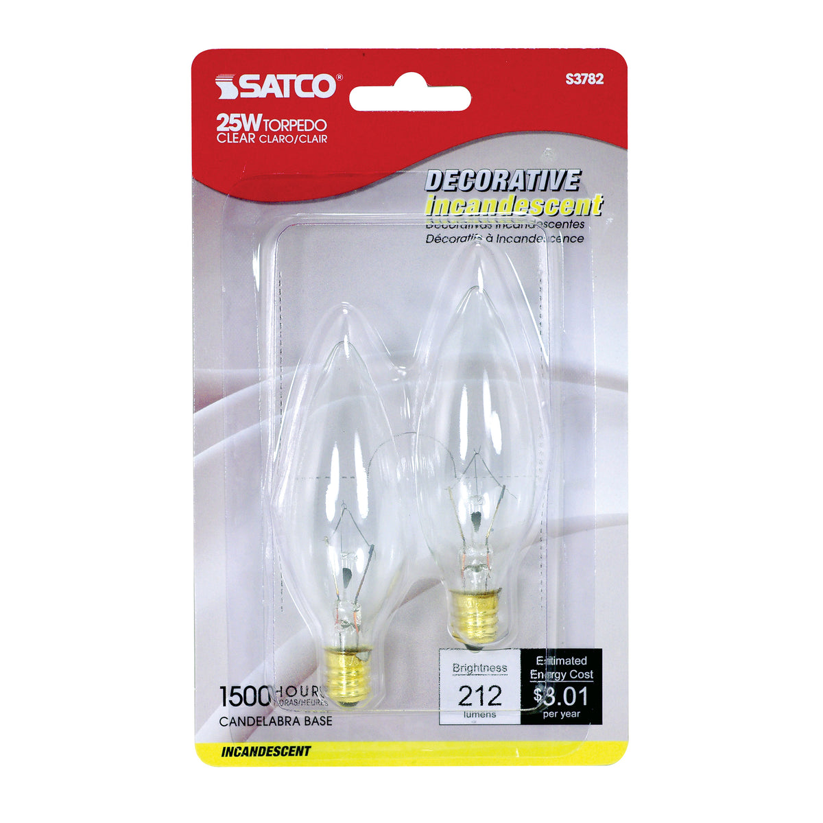 25 Watt BA9 1/2 Incandescent - Clear - 1500 Average rated hours - 212 Lumens - Candelabra base - 120 Volt - 2-Card