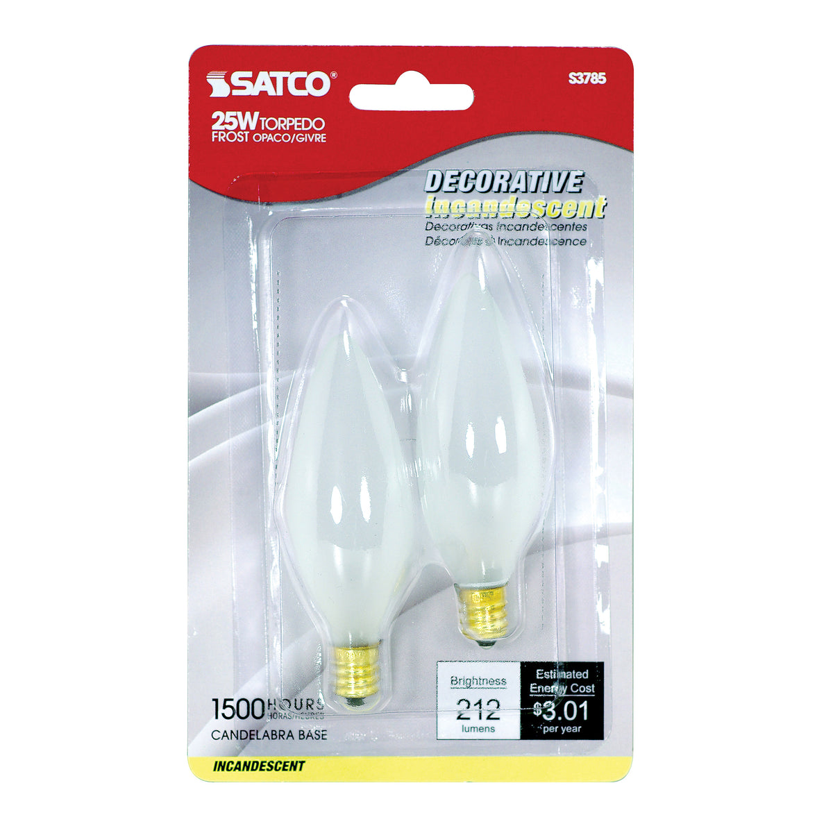 25 Watt BA9 1/2 Incandescent - Frost - 1500 Average rated hours - 212 Lumens - Candelabra base - 120 Volt - 2-Card