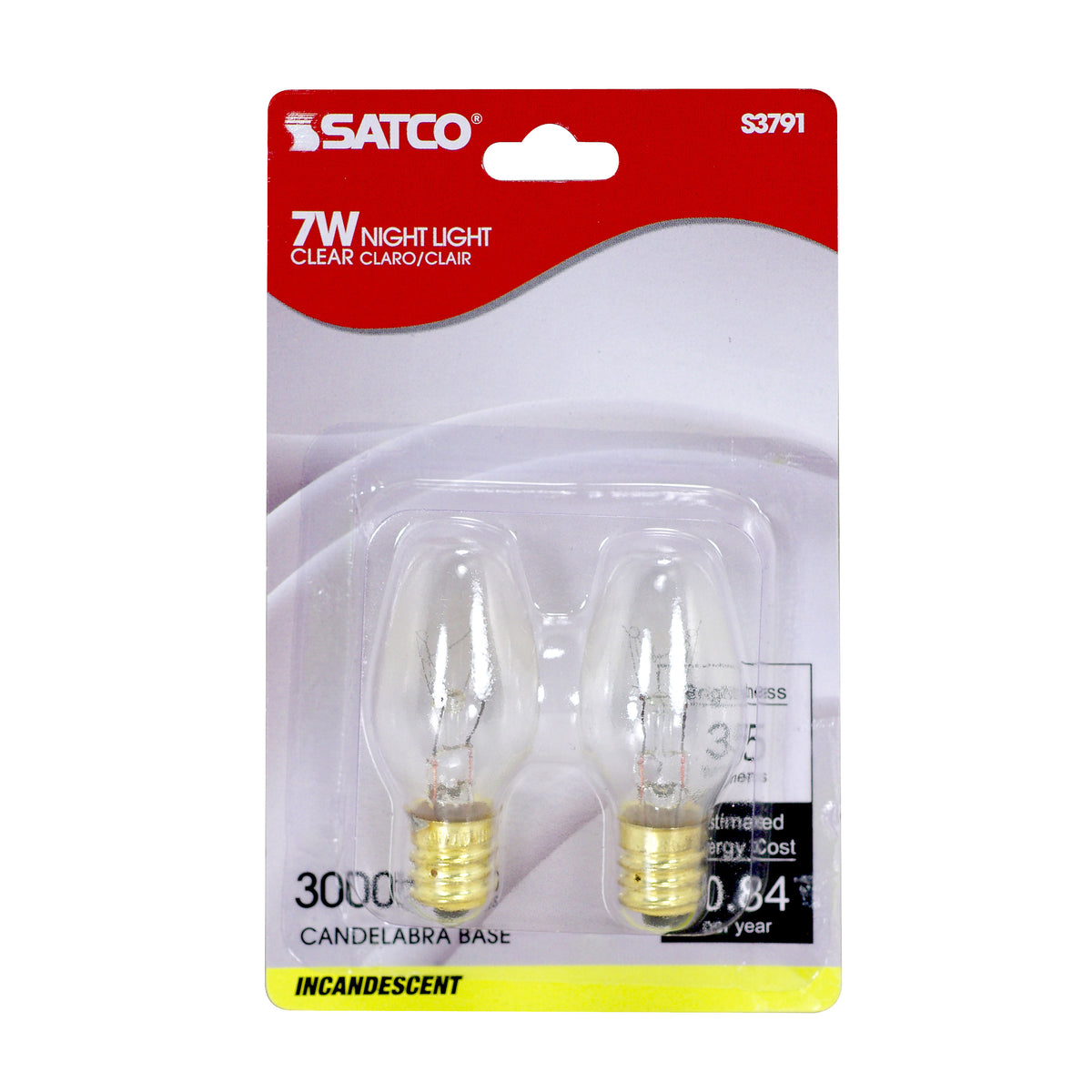 7 Watt C7 Incandescent - Clear - 3000 Average rated hours - 35 Lumens - Candelabra base - 120 Volt - 2-Card