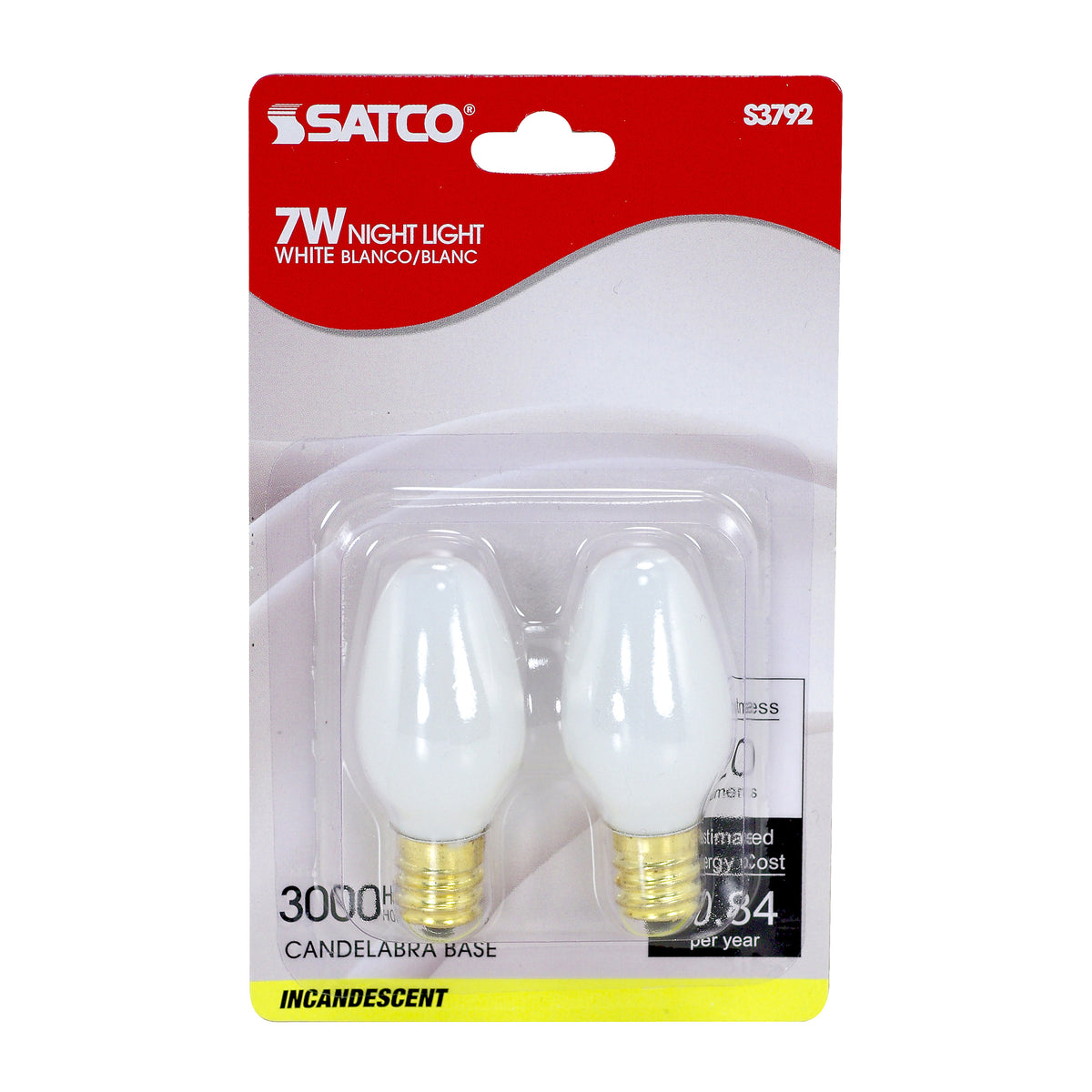 7 Watt C7 Incandescent - White - 3000 Average rated hours - 28 Lumens - Candelabra base - 120 Volt - 2-Card