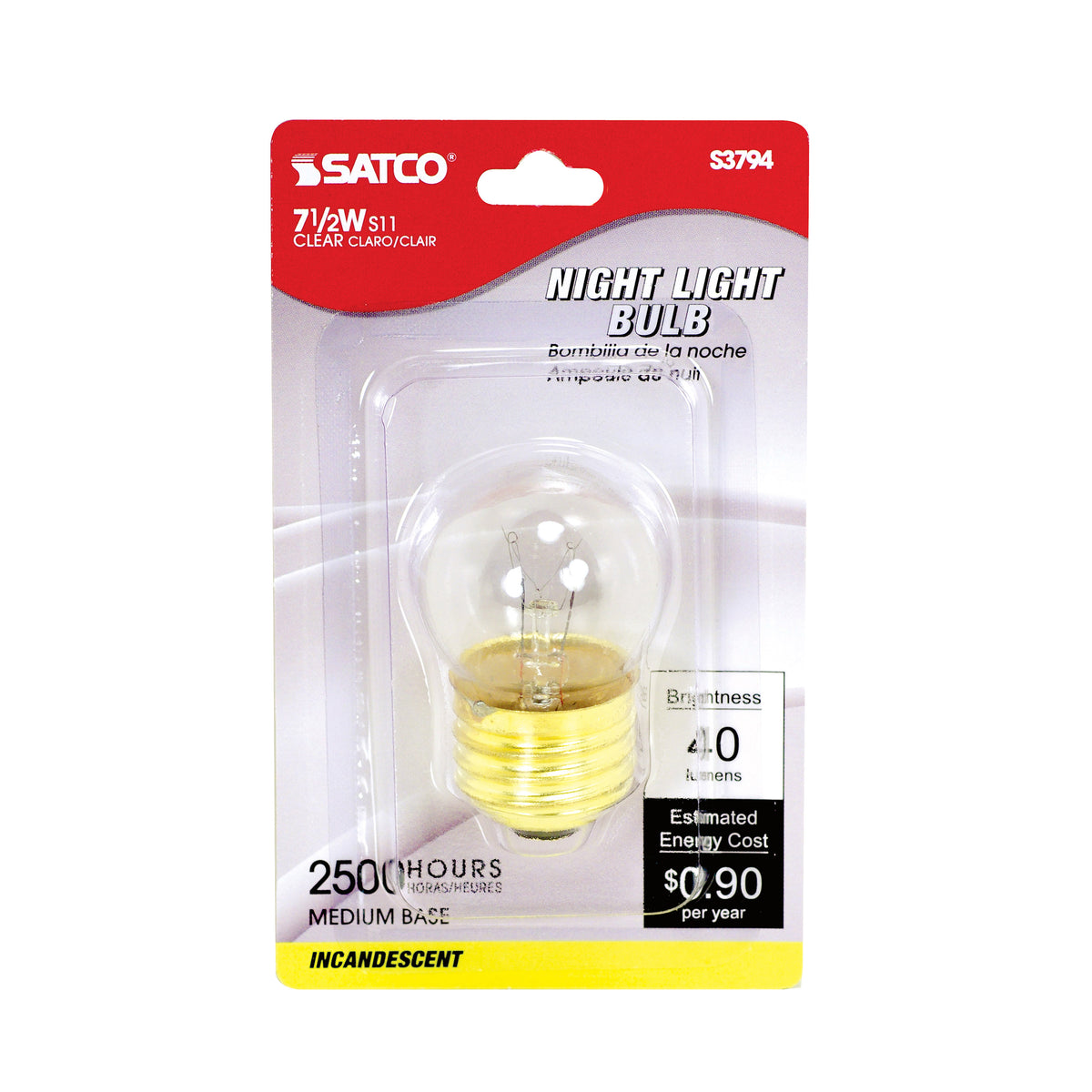 7.5 Watt S11 Incandescent - Clear - 2500 Average rated hours - 40 Lumens - Medium base - 120 Volt - Carded