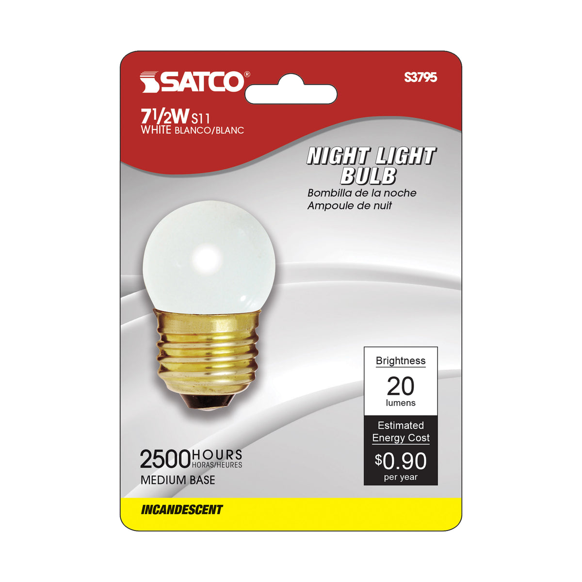 7.5 Watt S11 Incandescent - Gloss White - 2500 Average rated hours - 20 Lumens - Medium base - 120 Volt - Carded