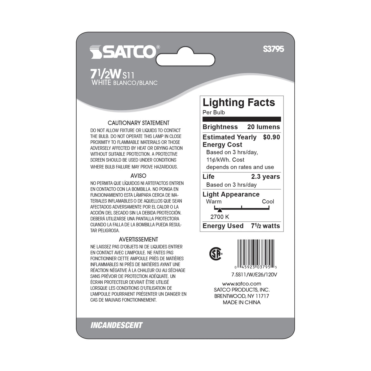 7.5 Watt S11 Incandescent - Gloss White - 2500 Average rated hours - 20 Lumens - Medium base - 120 Volt - Carded