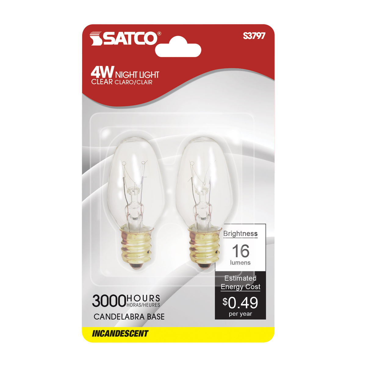 4 Watt C7 Incandescent - Clear - 3000 Average rated hours - 16 Lumens - Candelabra base - 120 Volt - 2-Card