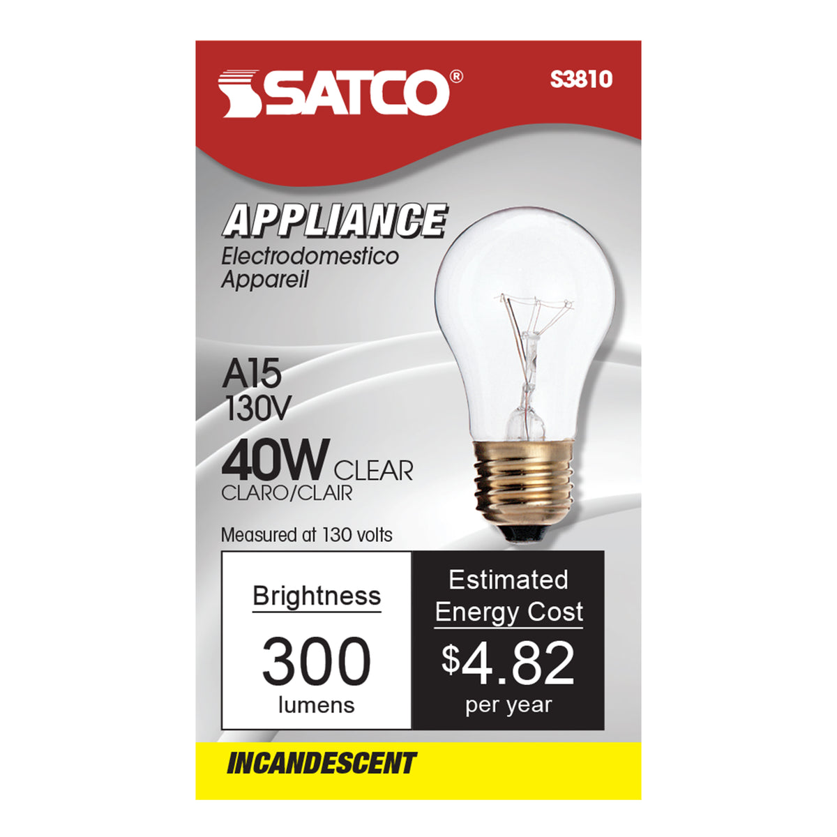 40 Watt A15 Incandescent - Clear - Appliance Lamp - 2500 Average rated hours - 300/225 Lumens - Medium base - 130/120 Volt