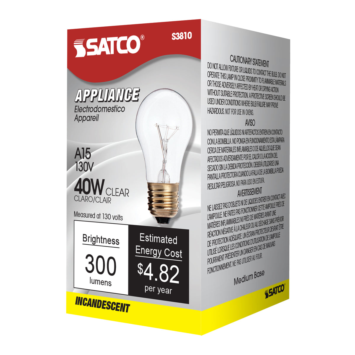 40 Watt A15 Incandescent - Clear - Appliance Lamp - 2500 Average rated hours - 300/225 Lumens - Medium base - 130/120 Volt