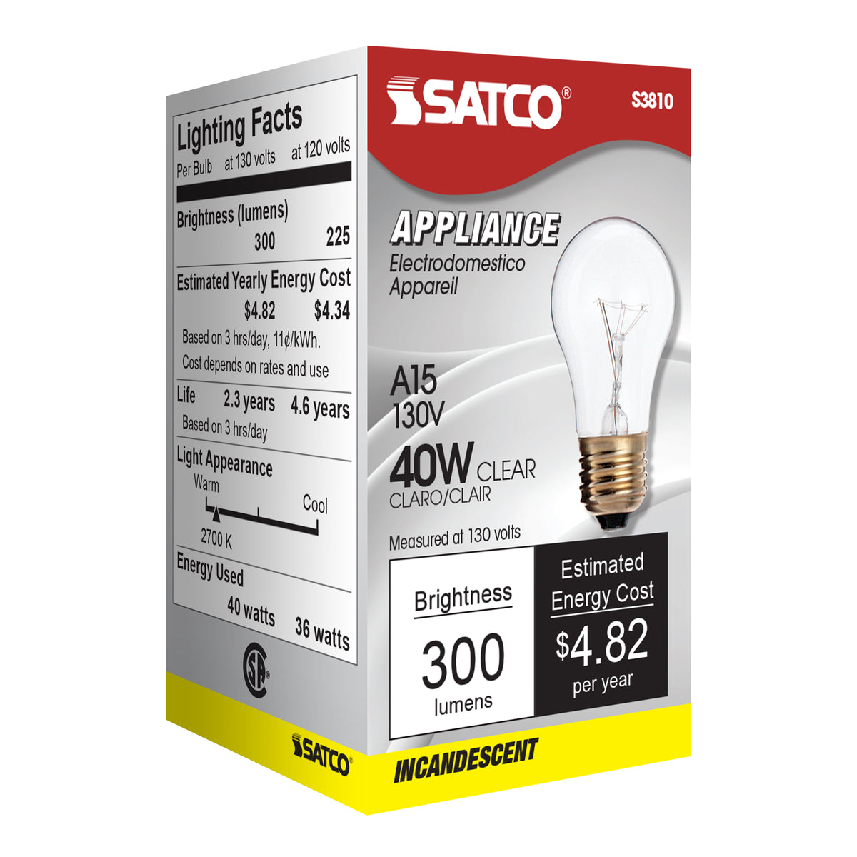 40 Watt A15 Incandescent - Clear - Appliance Lamp - 2500 Average rated hours - 300/225 Lumens - Medium base - 130/120 Volt