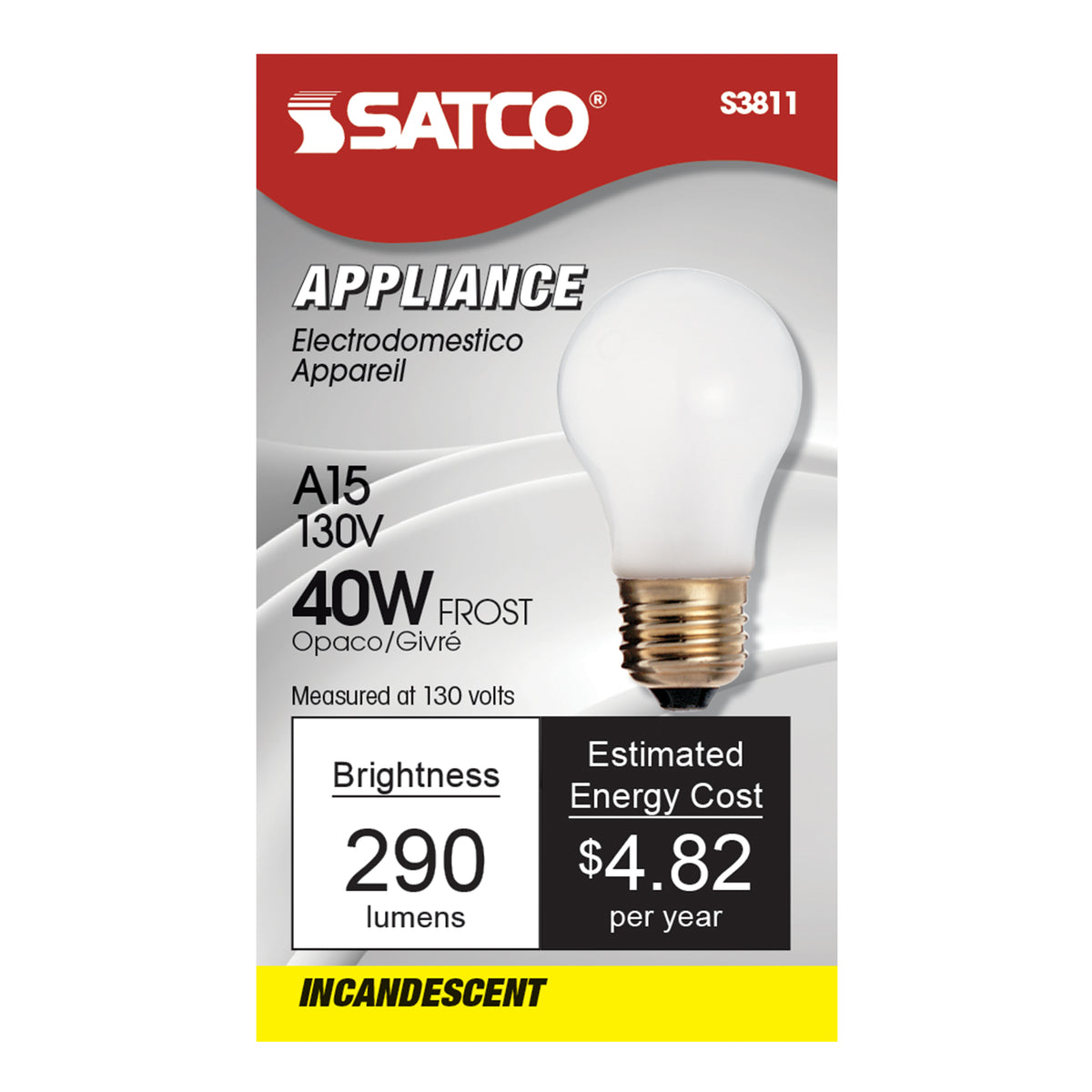 40 Watt A15 Incandescent - Frost - Appliance Lamp - 2500 Average rated hours - 290/217 Lumens - Medium base - 130 Volt
