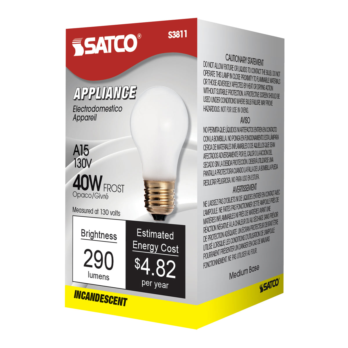 40 Watt A15 Incandescent - Frost - Appliance Lamp - 2500 Average rated hours - 290/217 Lumens - Medium base - 130 Volt