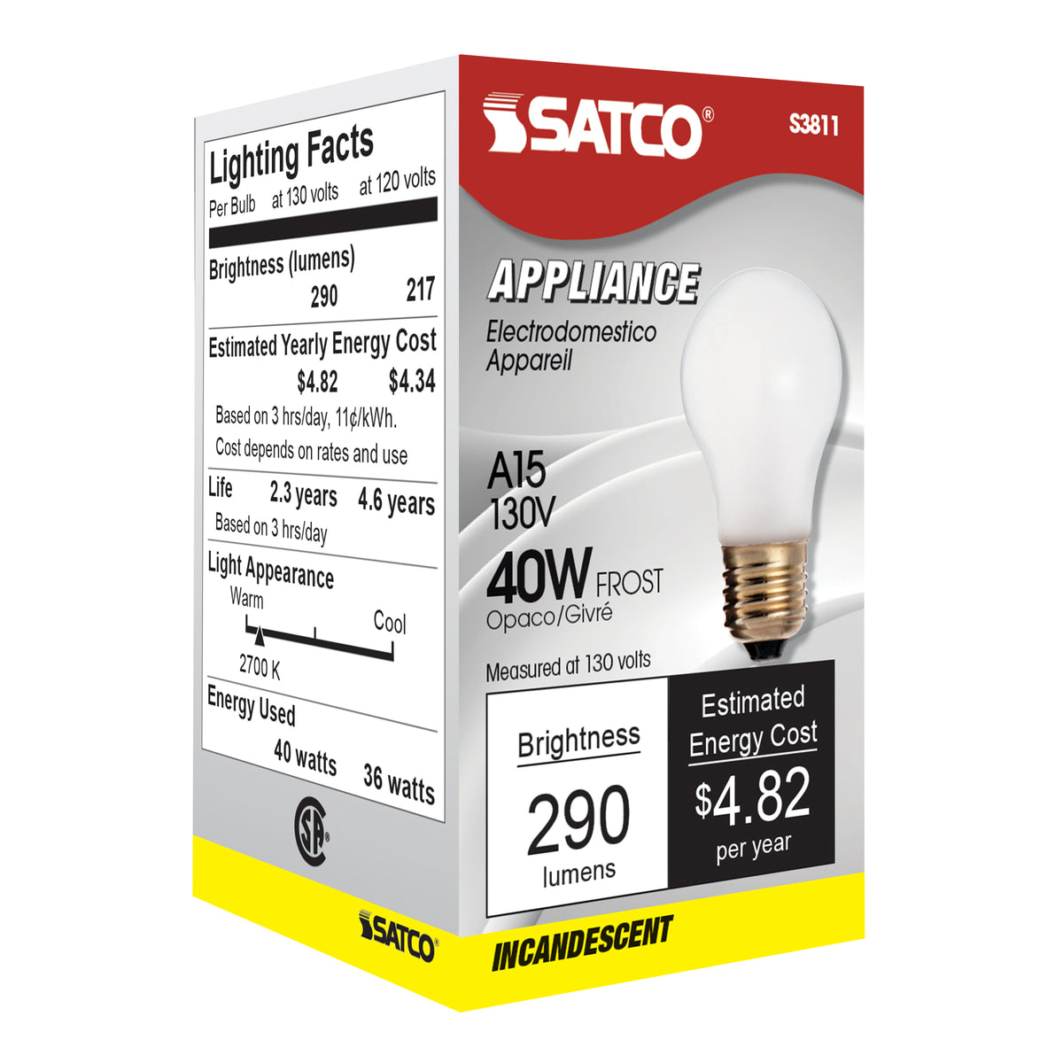 40 Watt A15 Incandescent - Frost - Appliance Lamp - 2500 Average rated hours - 290/217 Lumens - Medium base - 130 Volt