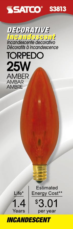 25 Watt BA9 1/2 Incandescent - Transparent Amber - 1500 Average rated hours - Candelabra base - 120 Volt