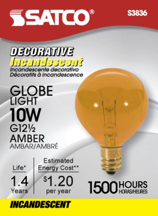 10 Watt G12 1/2 Incandescent - Transparent Amber - 1500 Average rated hours - Candelabra base - 120 Volt