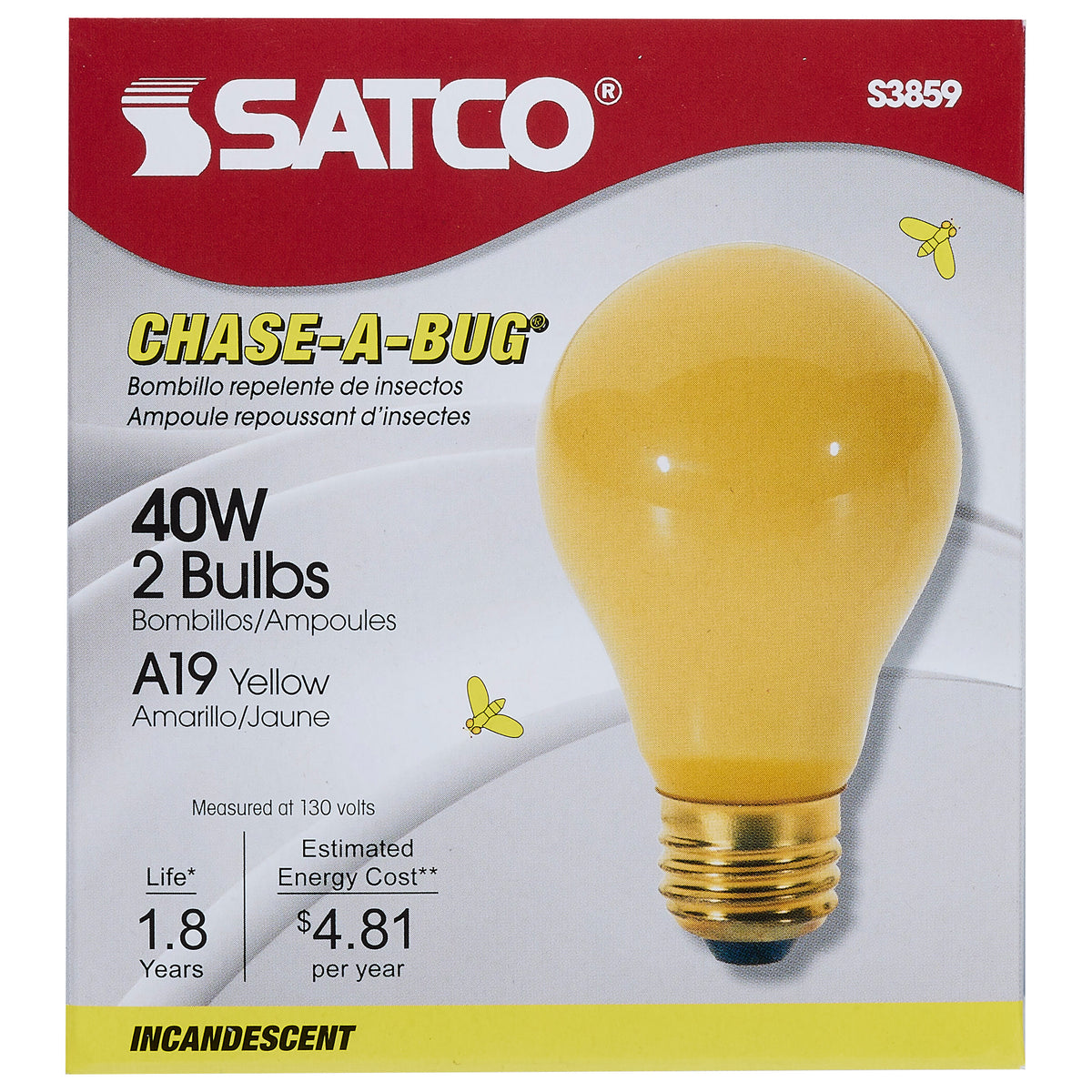 40 Watt A19 Incandescent - Yellow - 2000 Average rated hours - Medium base - 130 Volt - 2/Pack