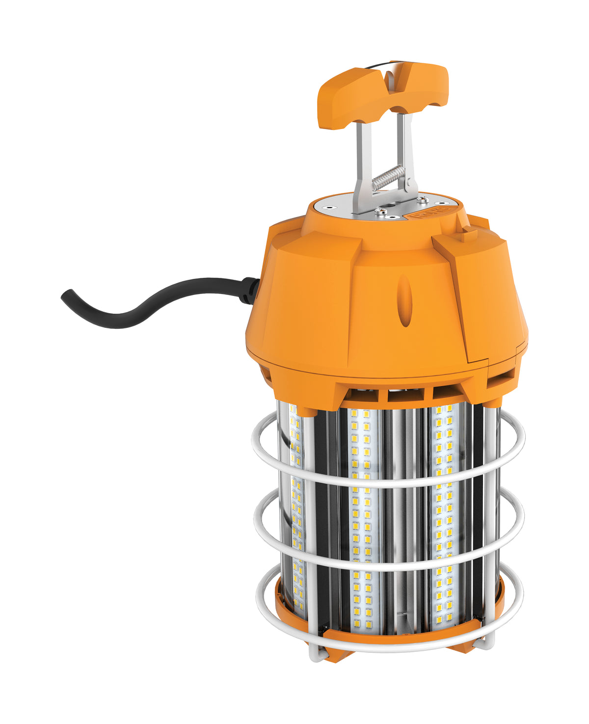 100 Watt LED Hi-Lumen temporary Hi-Bay Caged lamp - 5000K - Integrated Cord / Plug & Hook - 120 Volt for ceiling fixtures and