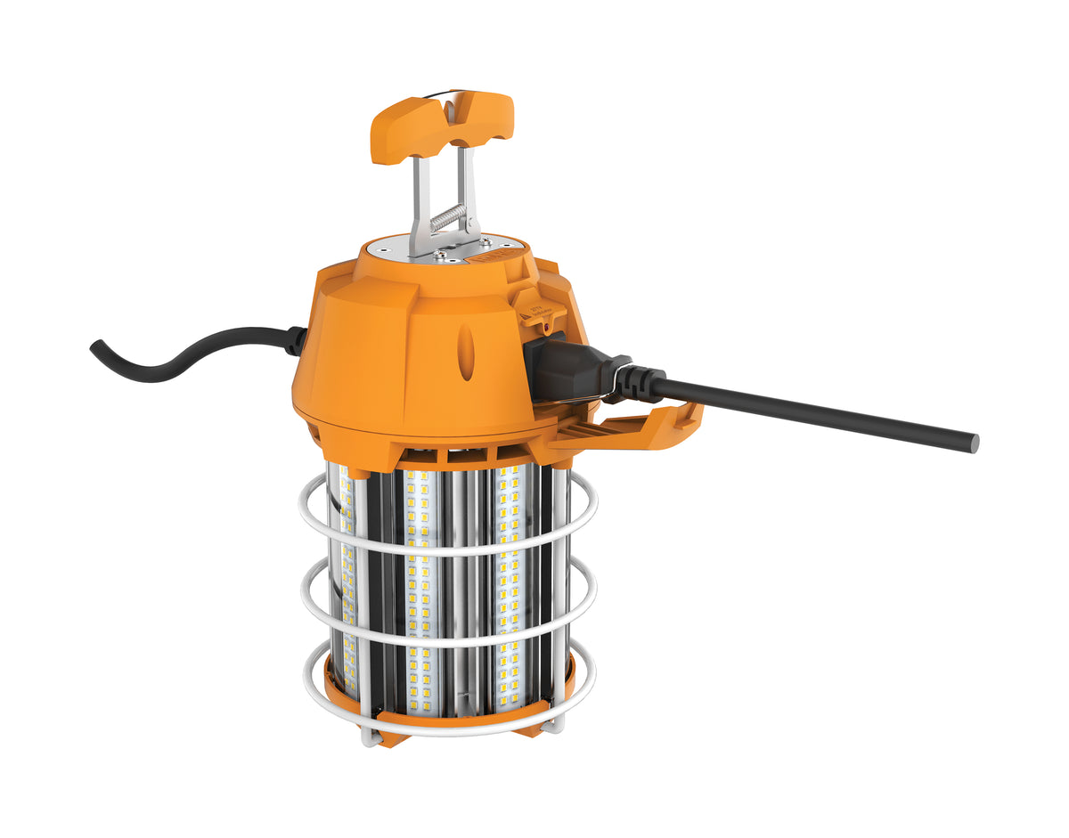 100 Watt LED Hi-Lumen temporary Hi-Bay Caged lamp - 5000K - Integrated Cord / Plug & Hook - 120 Volt