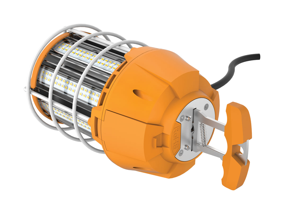 100 Watt LED Hi-Lumen temporary Hi-Bay Caged lamp - 5000K - Integrated Cord / Plug & Hook - 120 Volt