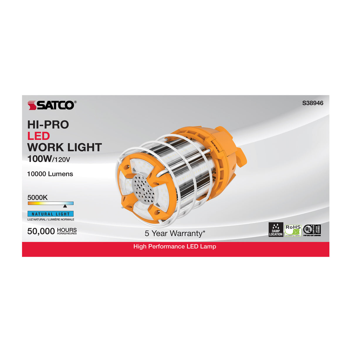 100 Watt LED Hi-Lumen temporary Hi-Bay Caged lamp - 5000K - Integrated Cord / Plug & Hook - 120 Volt