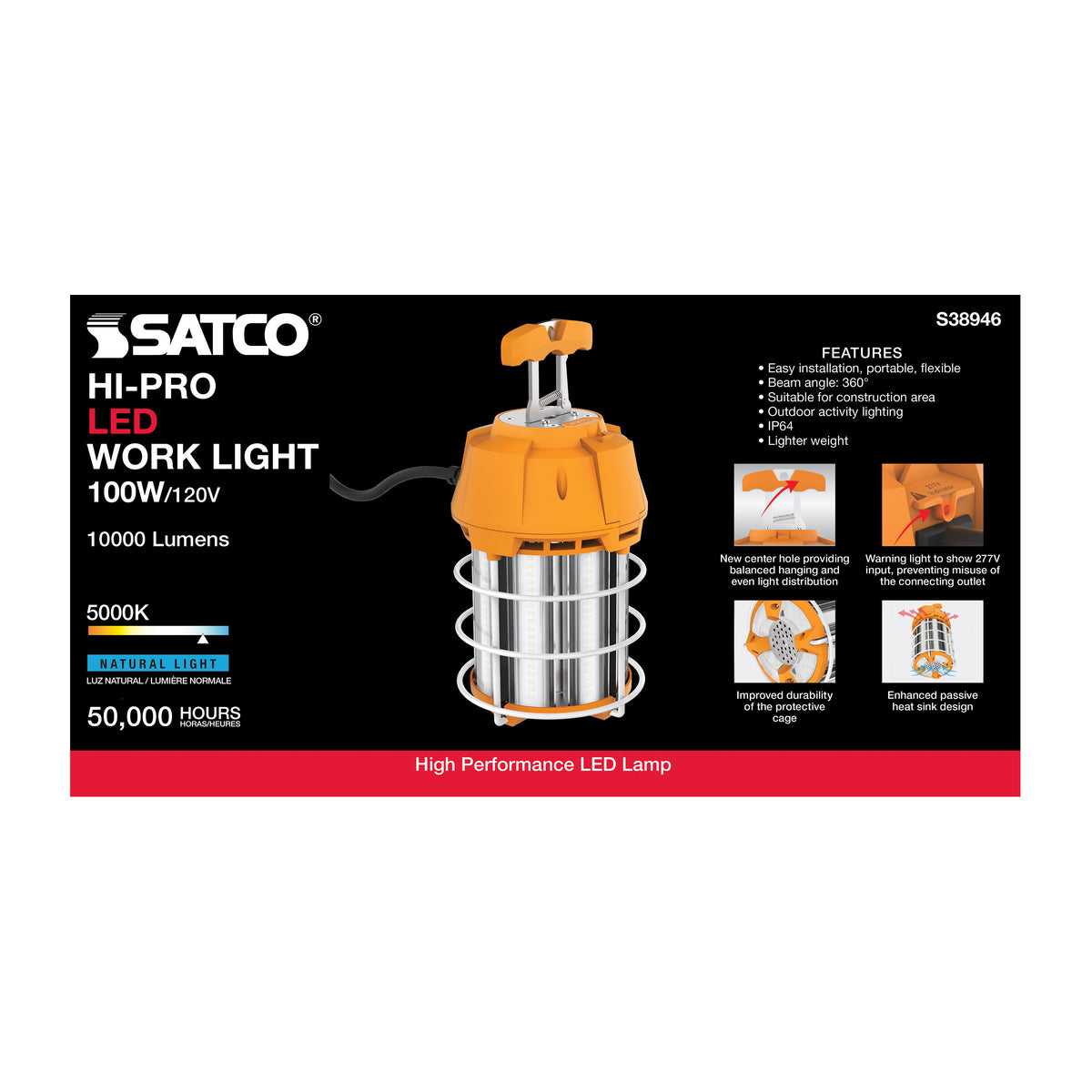 100 Watt LED Hi-Lumen temporary Hi-Bay Caged lamp - 5000K - Integrated Cord / Plug & Hook - 120 Volt