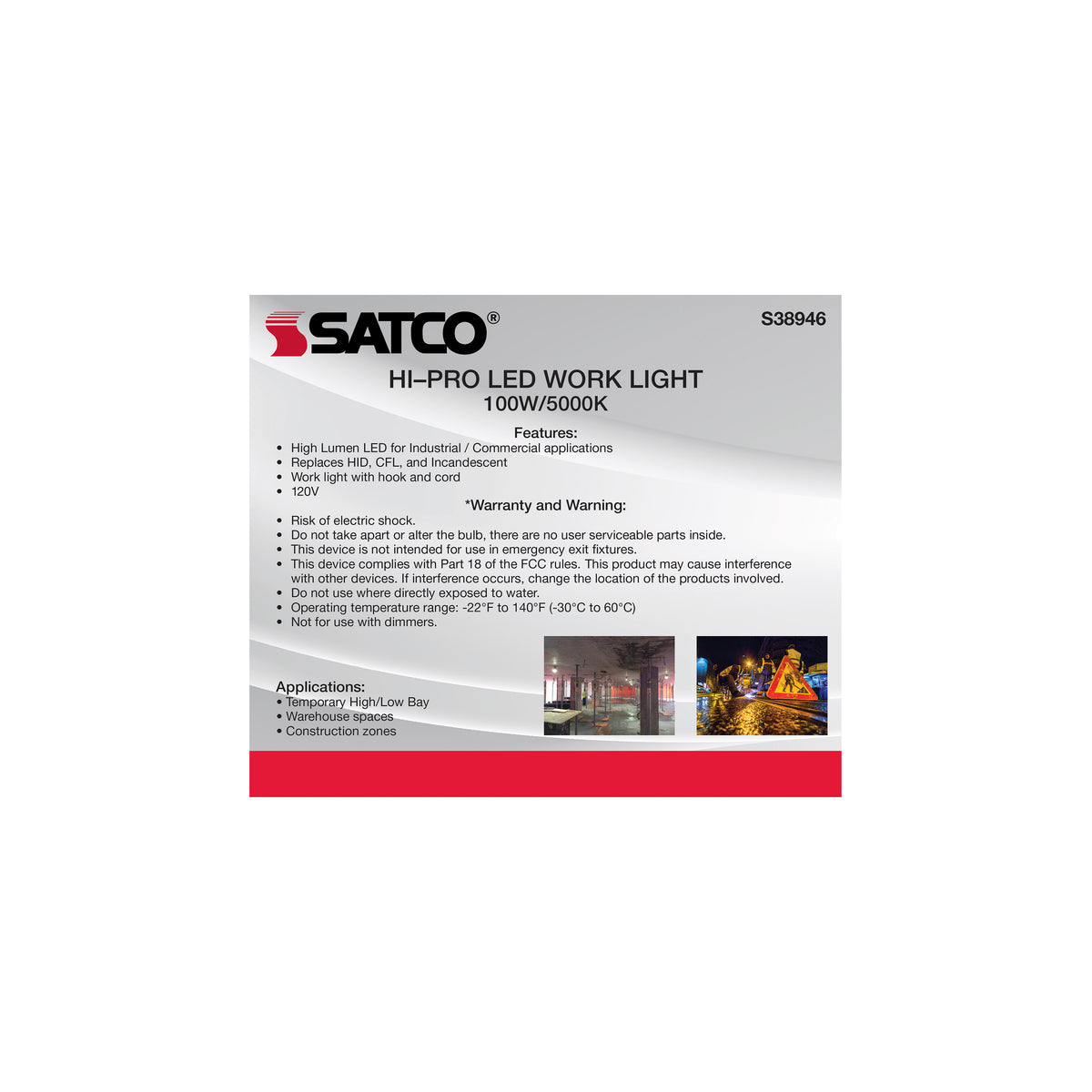 100 Watt LED Hi-Lumen temporary Hi-Bay Caged lamp - 5000K - Integrated Cord / Plug & Hook - 120 Volt