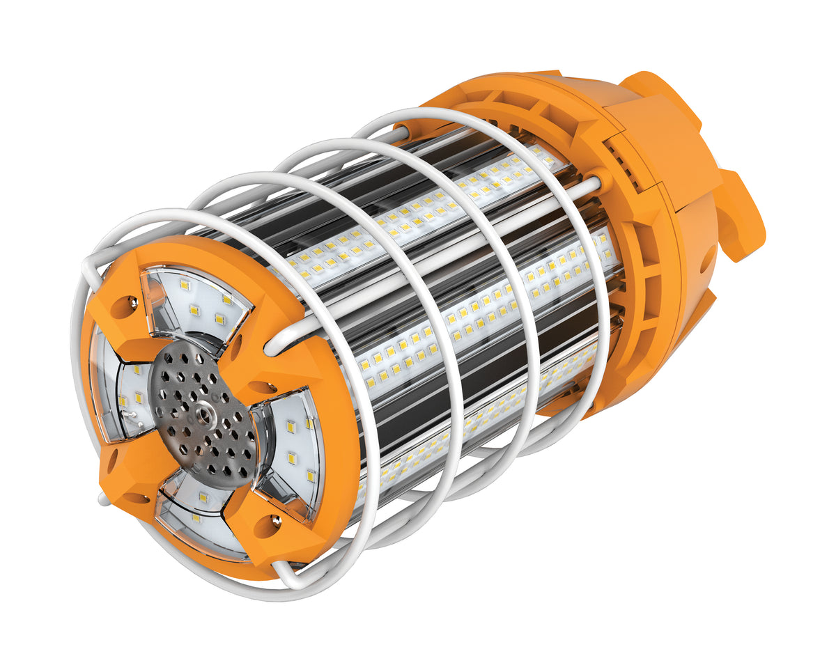 150 Watt LED Hi-Lumen temporary Hi-Bay Caged lamp - 5000K - Integrated Cord / Plug & Hook - 120 Volt