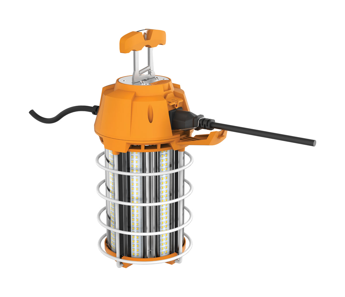 150 Watt LED Hi-Lumen temporary Hi-Bay Caged lamp - 5000K - Integrated Cord / Plug & Hook - 120 Volt