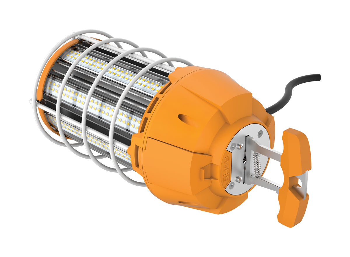 150 Watt LED Hi-Lumen temporary Hi-Bay Caged lamp - 5000K - Integrated Cord / Plug & Hook - 120 Volt