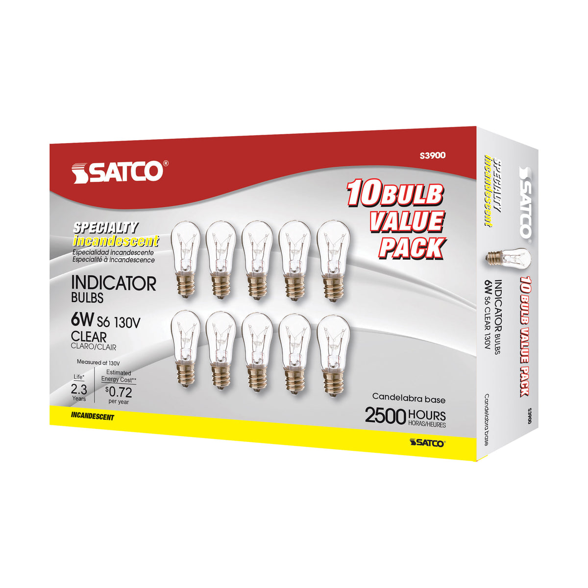 6 Watt S6 Incandescent - Clear - 2500 Average rated hours - 30 Lumens - Candelabra base - 130 Volt